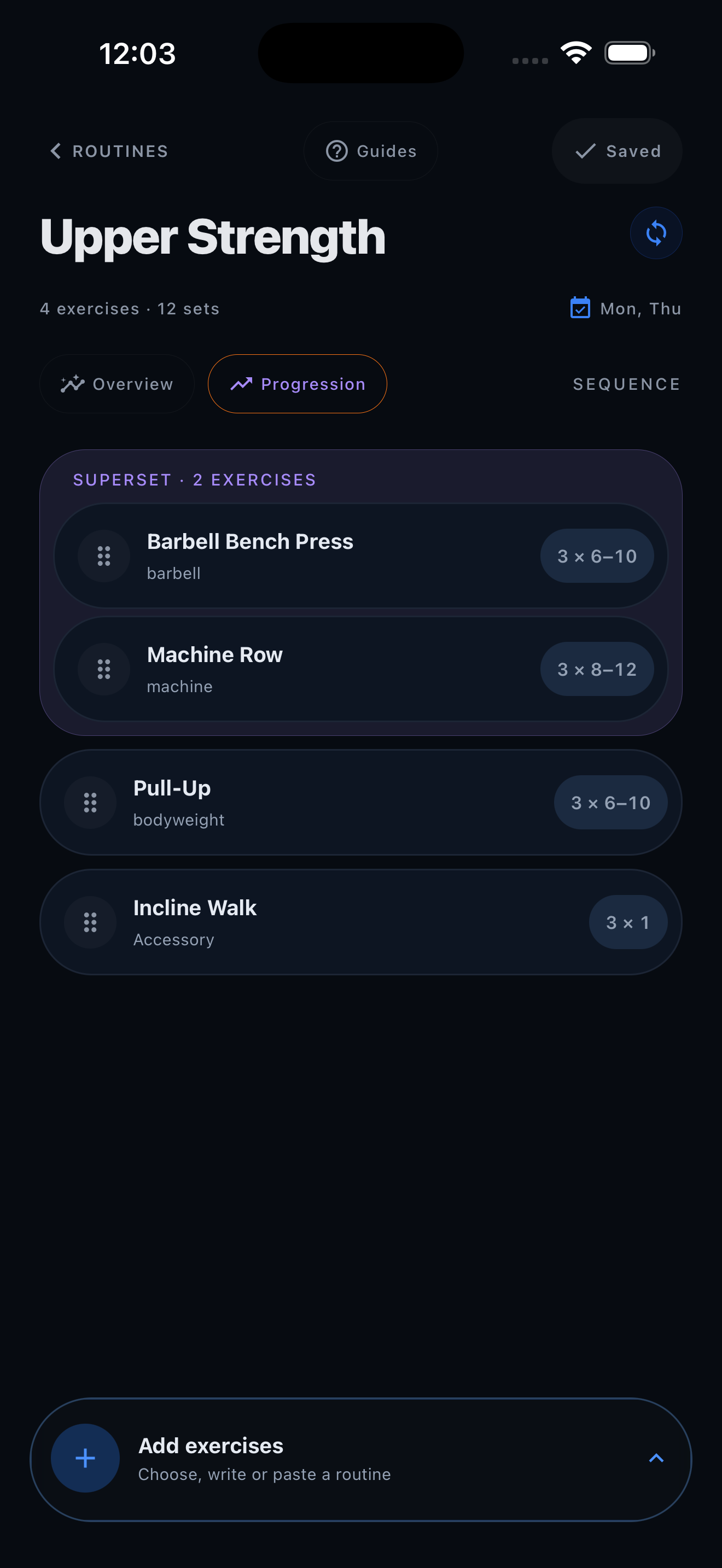 A populated Zekt Routine Editor with exercises and set prescriptions.