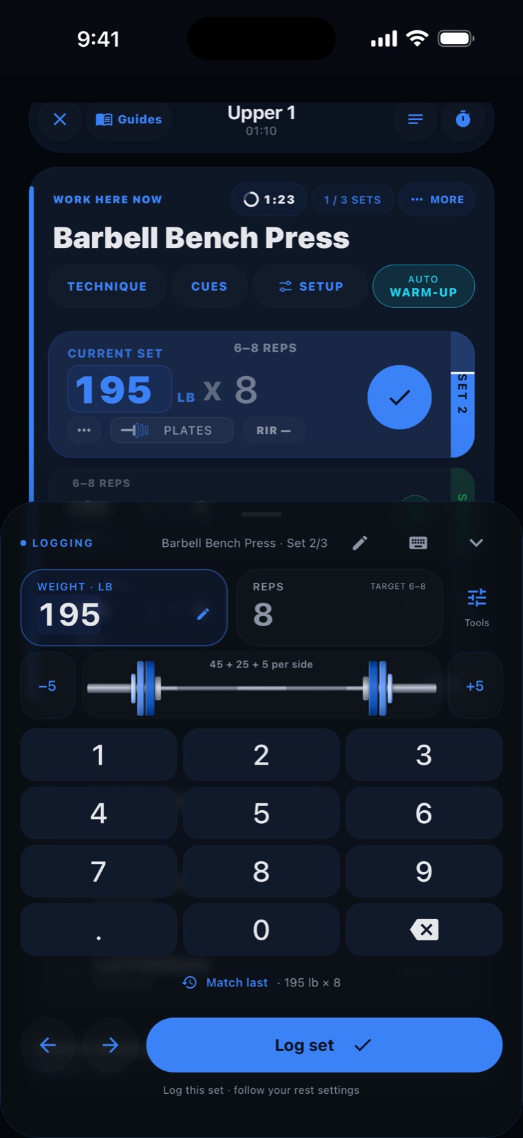 Zekt Command Pad logging a bench press set, with plates per side drawn on the bar.
