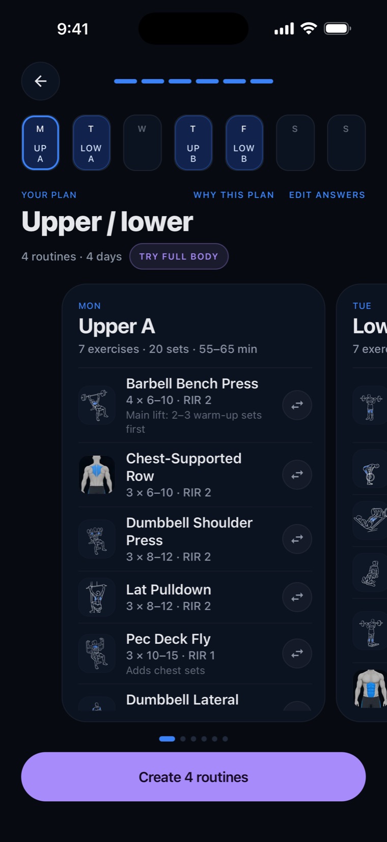 Plan with Zekt showing an upper/lower week with four routines.