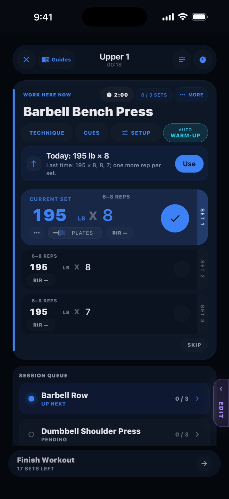 Zekt active workout: the current bench press set, Today’s target and the session queue.