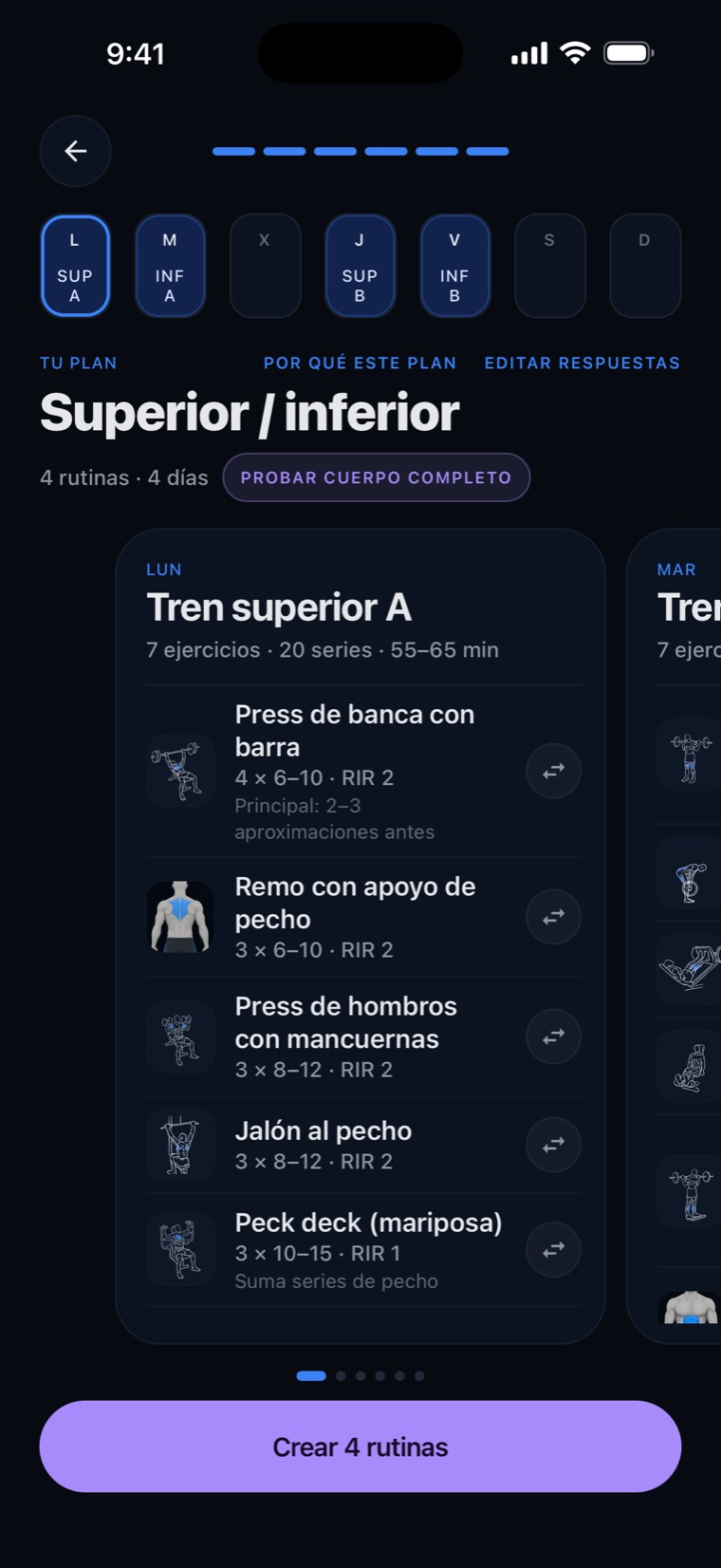 Plan con Zekt con una semana de torso y pierna en cuatro rutinas.