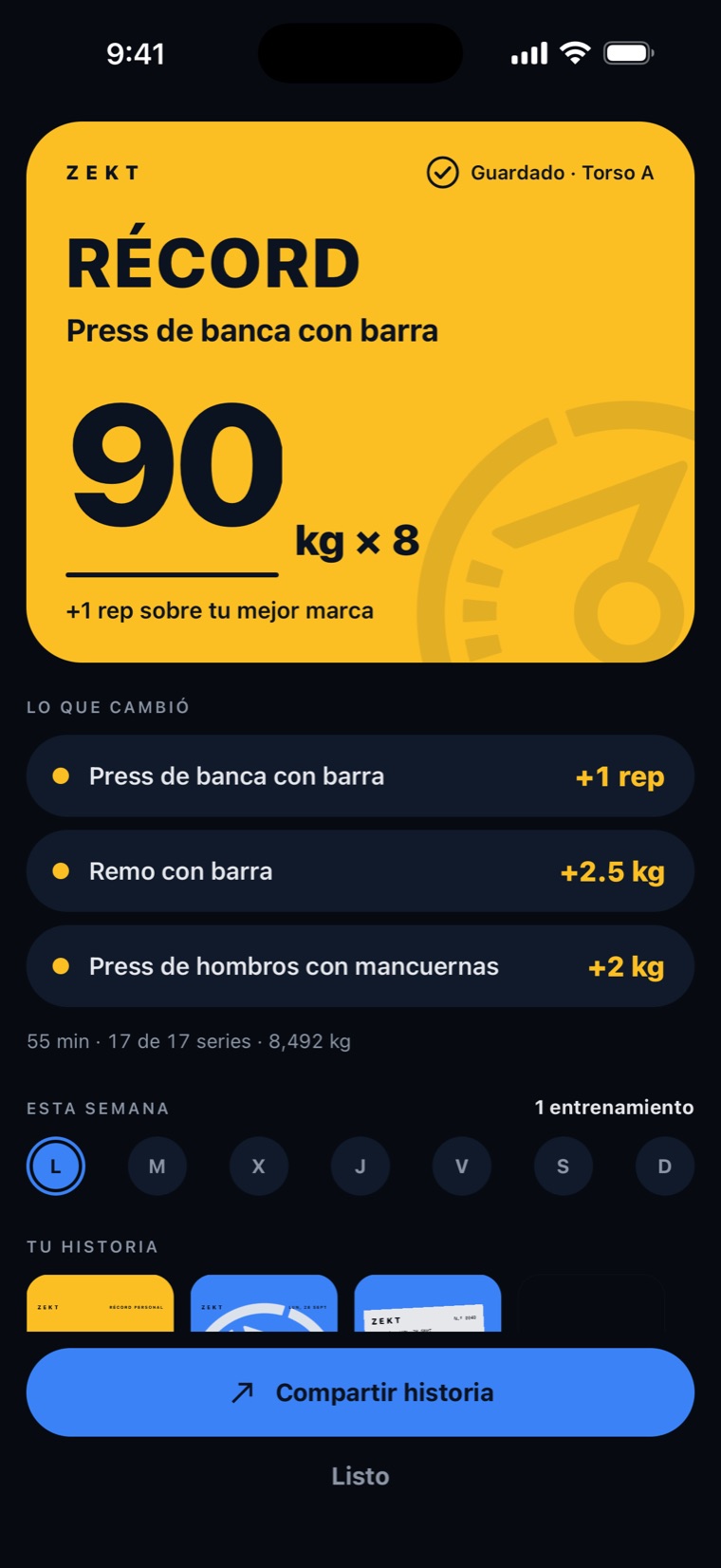 Resumen de Zekt al terminar, con un récord en press de banca y lo que mejoró en cada ejercicio.