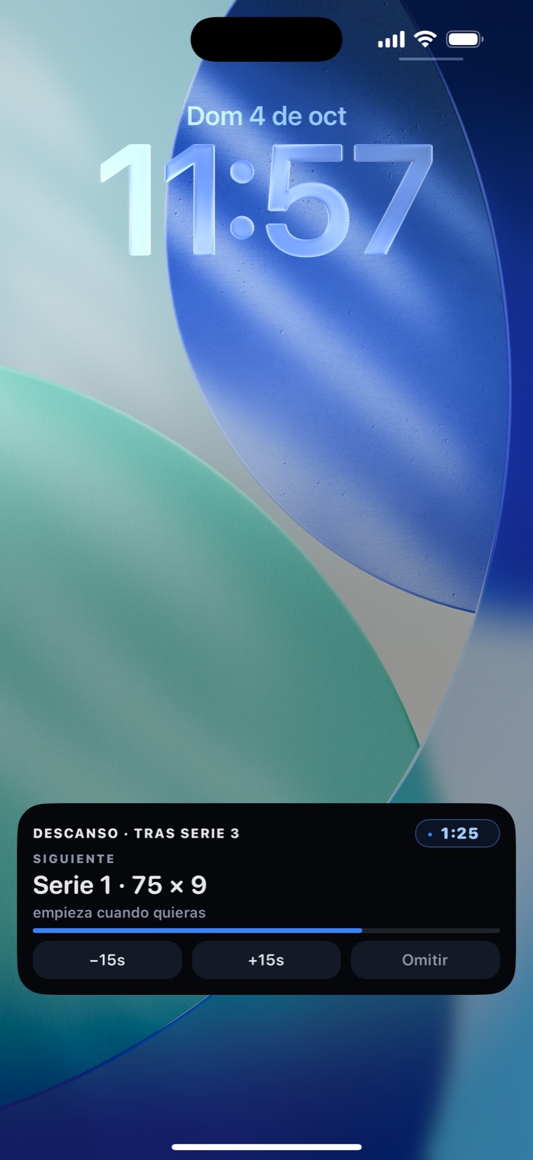 Descanso de Zekt en la pantalla bloqueada del iPhone, con la siguiente serie y los botones −15 s, +15 s y Omitir.