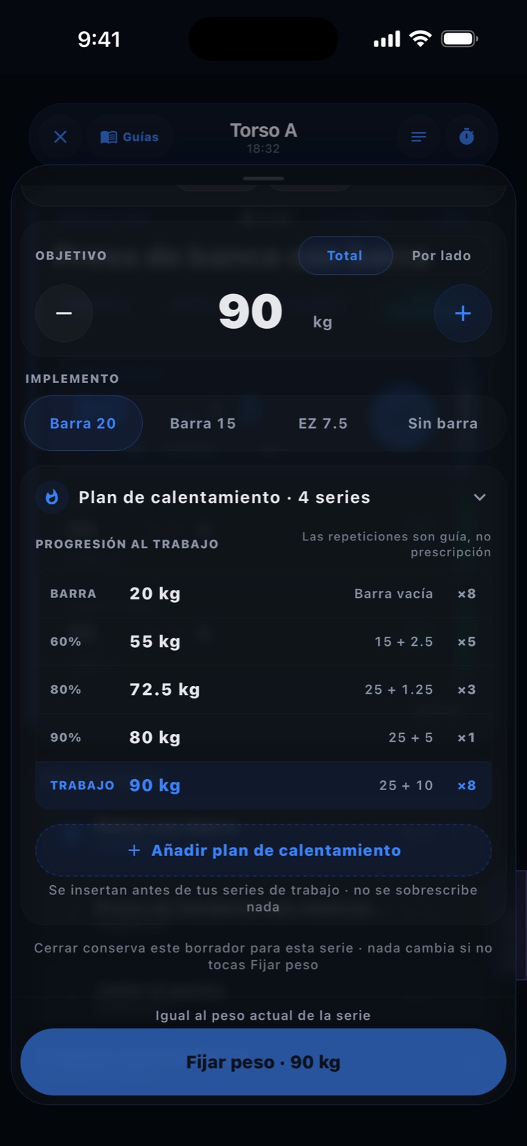 Hoja de Discos de Zekt con la progresión de calentamiento desde la barra vacía hasta el peso de trabajo.